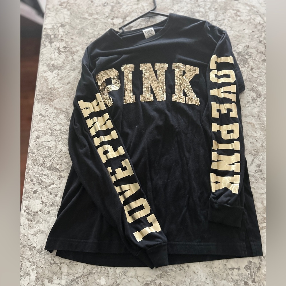 VS PINK Black Bling Oversized Long Sleeve Campus Tee Shirt Medium